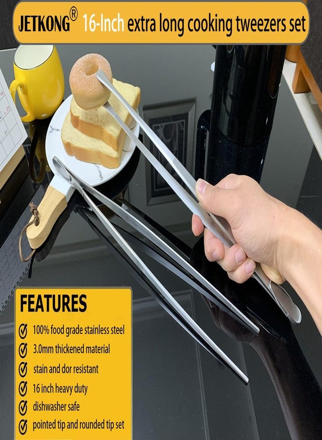 JETKONG 2 Pcs 16-Inch Kitchen Tweezers Extra Long Tweezer Tongs, Heavy Duty Stainless Steel Cooking Tweezers (Silver) - Image 3